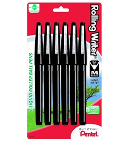 Pentel Rolling Writer Roller Ball Pen, Medium Line, Black Ink, 6 Pack (R100BPA-6)