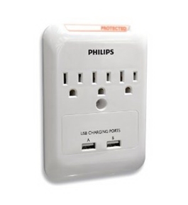 Philips SPP3038B/17 Home Electronics 3 Outlet Surge Protector for Android and Smartphone Devices