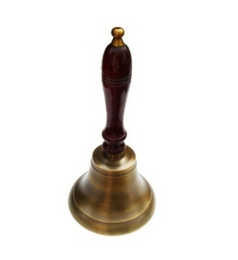 Large bell School bell Hand bell Vintage solid brass Wooden handle Dark brown wood handle