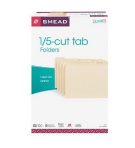 Smead File Folder, Legal Size, 1/5 Cut Tab, Manila, 100 Per Box (15350)