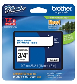 Brother TZ243 3/4 In. Blue On White P-touch Tape, TZe-243