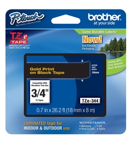 Brother TZ344 3/4 In. Gold On Black P-touch Tape, TZe-344