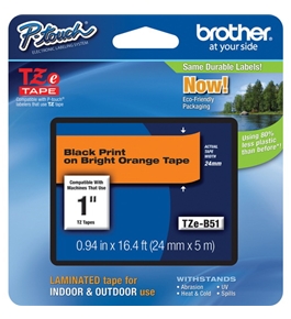 Brother TZB51 1 In. Black On Florescent Orange P-touch Tape, TZ-B51