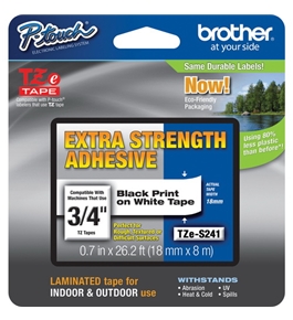 Brother TZS241 3/4 In. Black on White Extra Strength P-touch Tape, TZe-S241