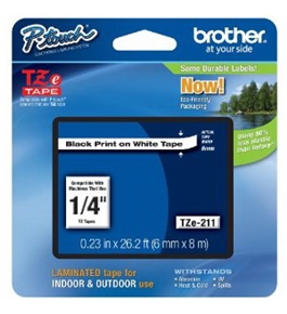 Brother TZe211 Laminated Tape Black on White, 6mm