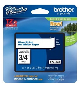 Brother TZe243 Tape, Blue on White, 3/4 Inch