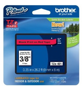 Brother TZe421 Tape, 3/8 Inch, Black on Red
