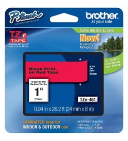 Brother TZe451 Tape, Retail Packaging, 1 Inch, Black on Red