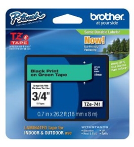 Brother TZe741 Laminated Tape Black on Green, 18mm
