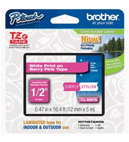 Brother TZeMQP35 Laminated Tape, 12mm, White on Berry Pink