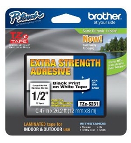 Brother TZeS231 Extra Strength Tape, Black on White, 12mm