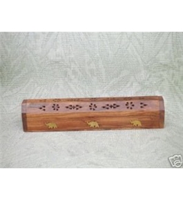 Wooden Coffin Incense Burner - Elephant Inlays - Storage Compartment