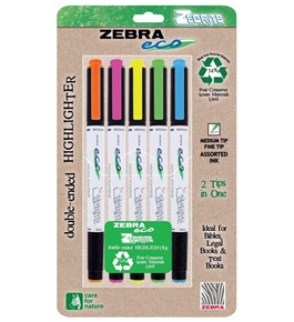 Zebra - Eco Zebrite Double-Ended Highlighters, Chisel/Fine Point, BE,GN,PK,OE,YW, 5/PK
