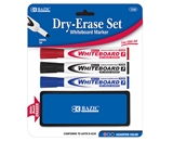 BAZIC 3 Asst. Color Chisel Tip Dry Erase Marker with Eraser
