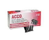 ACCO Metal Binder Clips, Medium Size, 1.25 Inch Width, 0.63 Inch Capacity, Black/Silver, 12 Clips per Box (A7072050)