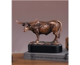 Bronze Longhorn Steer Sculpture - 7- Tall x 10- Wide - Woodtone Base 7- x 3- x 1.5- High